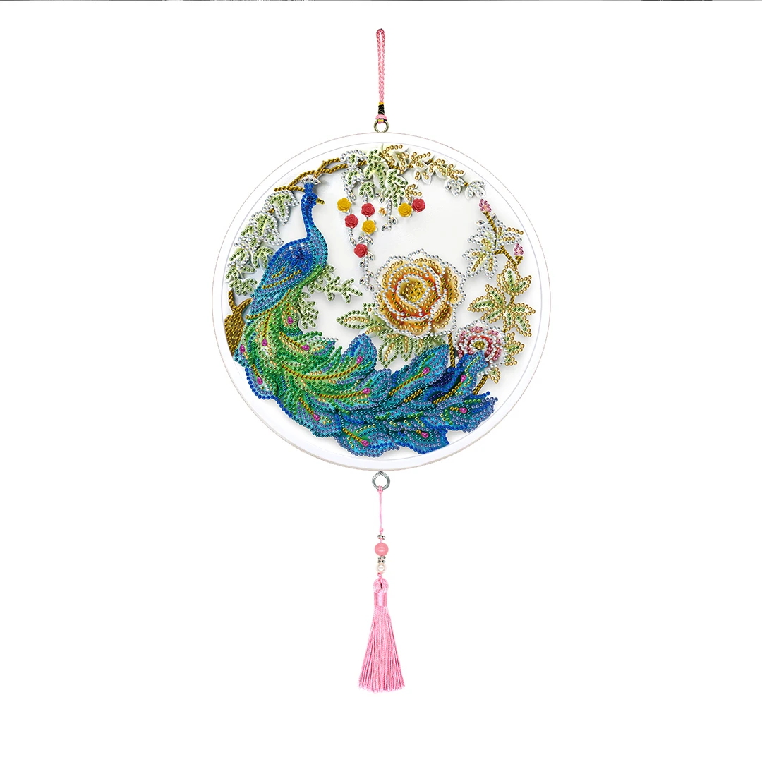 Colorful peacock crystal diy round framed dot drill diamond painting kits 5d hanging interior decoration mosaics