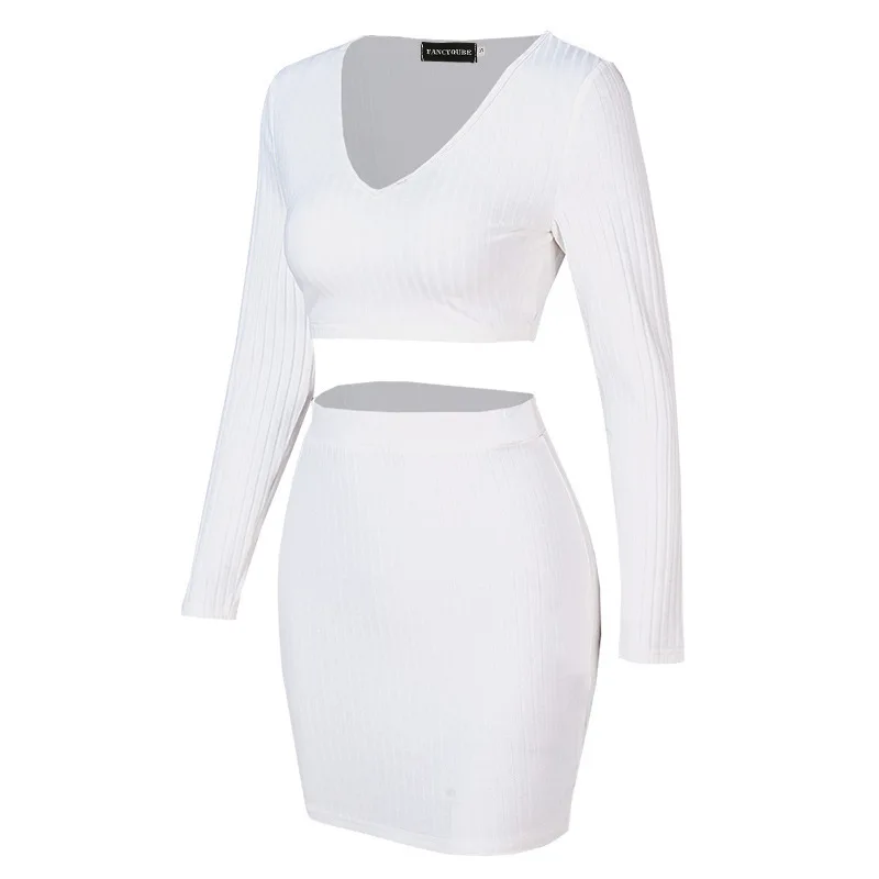 Spring 2022 New Arrivals Wholesale  Ladies Solid Color Crop Top Slim Casual Dresses Club Sexy Knit V-Neck Midi Skirt