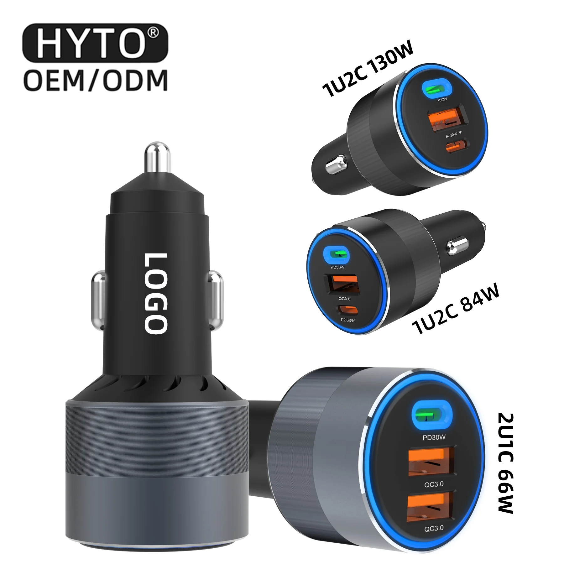 HYTO OEM Custom Logo USB C Car Charger Fast Charging 66W 84W 130W Type C Phone Car Charger For iPhone Huawei Xiaomi Samsung