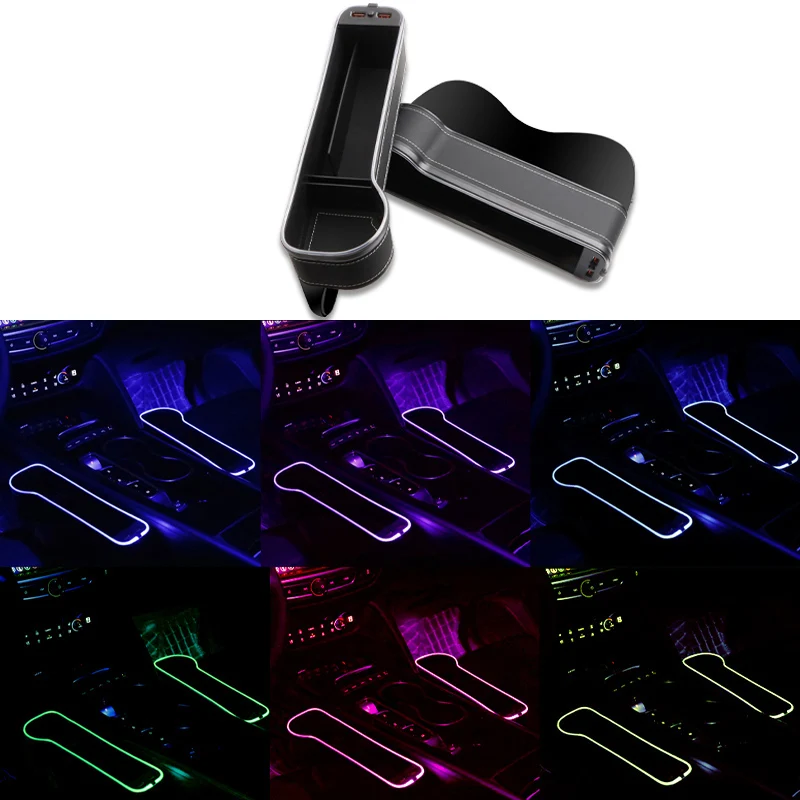 Relyus Universal Car Console Seat Storage Box Cup Holder 7 Colors Led Light Car Seat Gap Filler Organizer With Usb Fast Ch