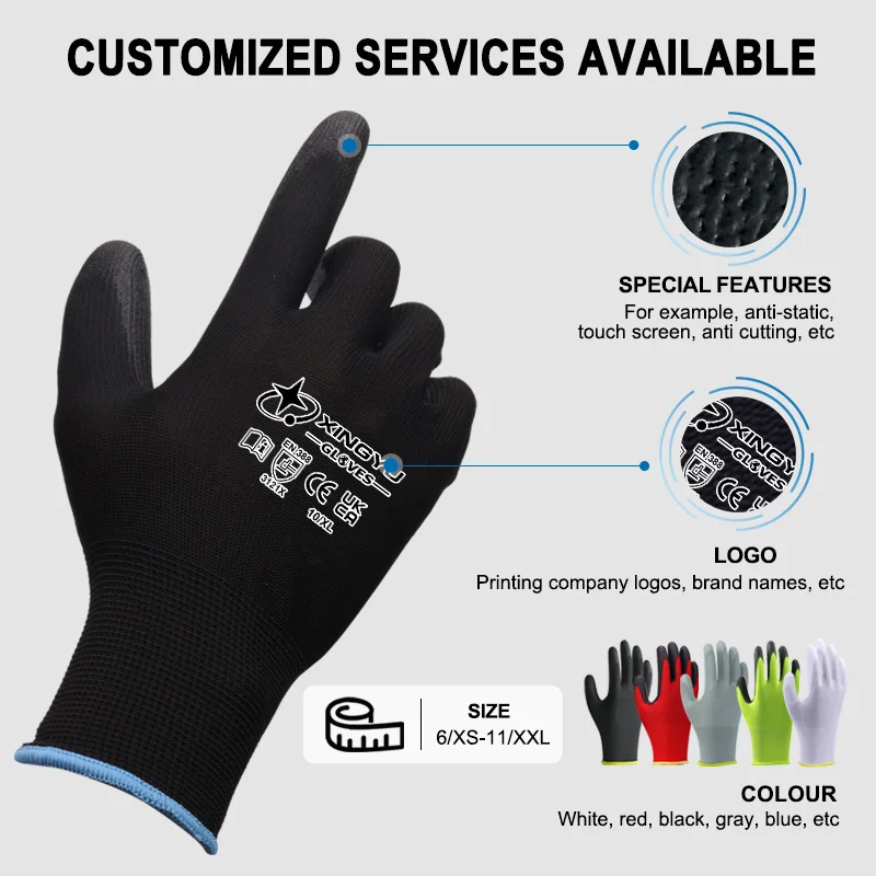 XINGYU 24 Gram PU Polyester Rubber Gloves for Work Goal Keeper Rubber PU Palm Hand PU Safety Gloves