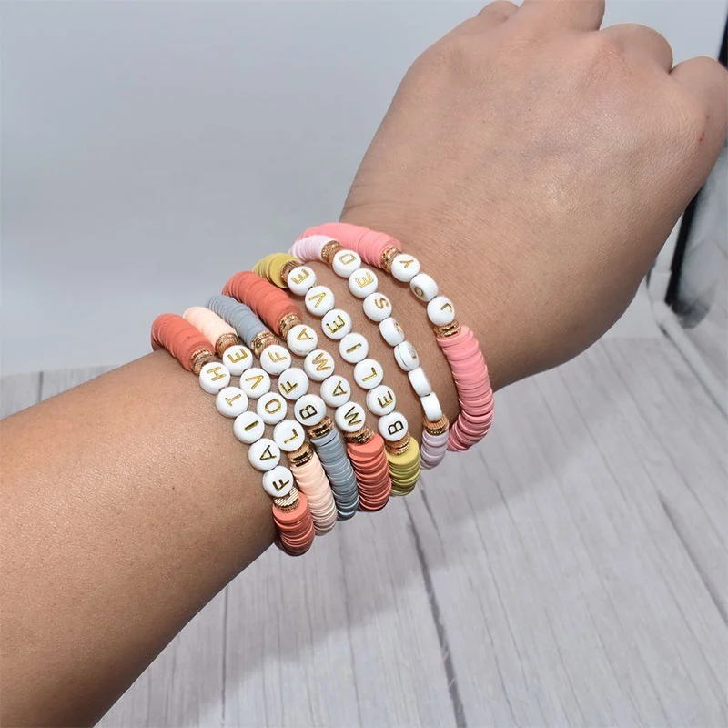 Wholesale Price! Boho Custom  Polymer Clay Beads Motivational Bracelets Brush Gold Spacers Blessed Name Words Stretch Bracelet