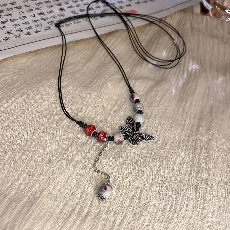 New Chinese Ceramic Tassel Multi-Layer Braided Rope Necklace National Fashion Retro Clavicle Chain All-Matching Women