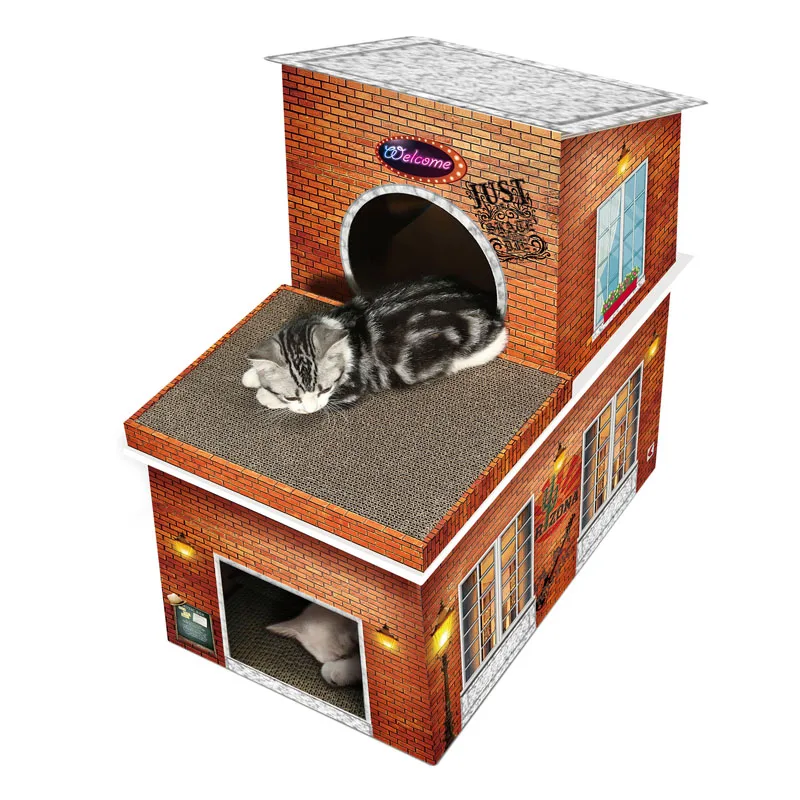 2 Stories big foldable cat scratching toy board cat house for multicat family