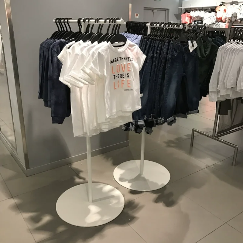 Custom Clothing Store Single Pole Metal Floor Standing Clothes Trousers Dress Display Rack Stand With Round Base