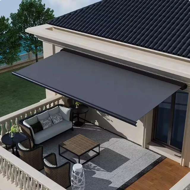 Aluminum Waterproof Sunshade Pergola Canopy Restaurant Balcony Retractable Awning LED Light