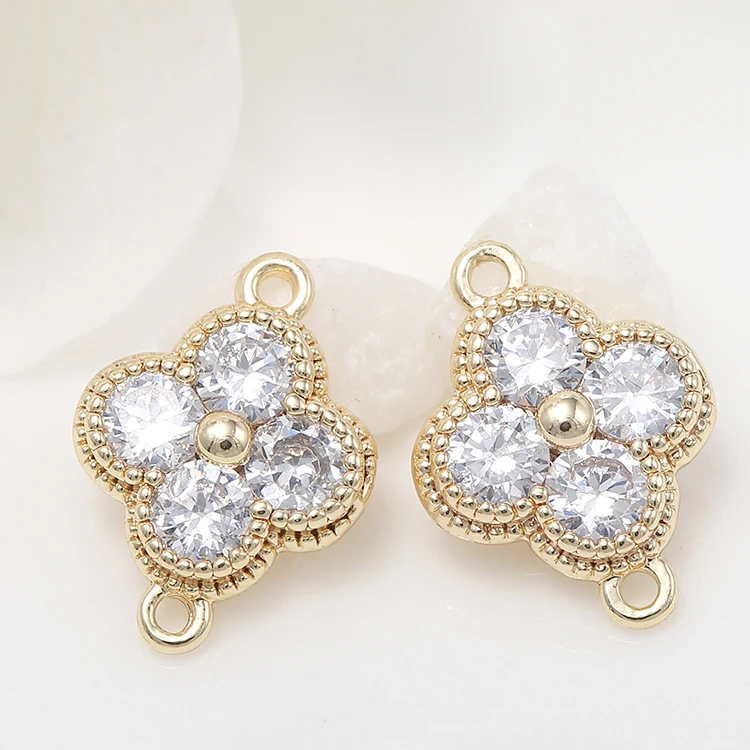 New Design 14K Gold Plated Inlaid Zircon Four Clover Shape Charm for Diy Jewelry