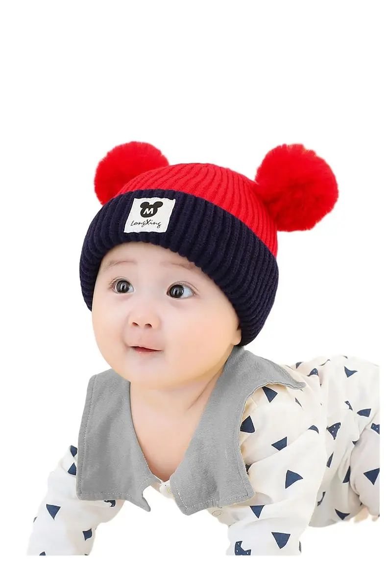 Soft Warm Baby Kids Knitting Hat Cotton Beanie Hat With Big Pompom Hat