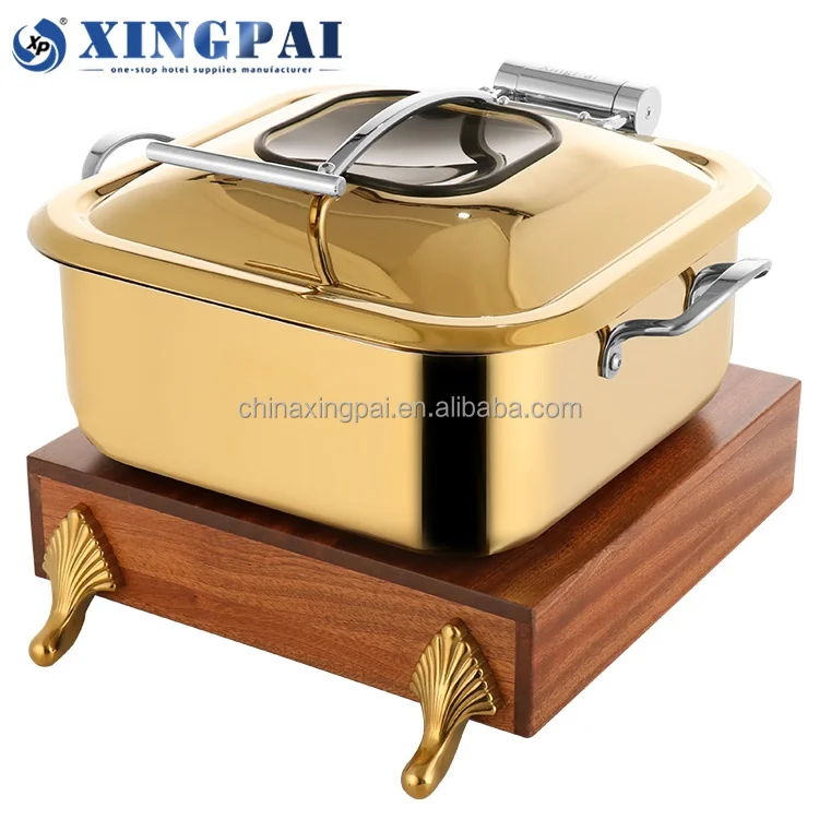XINGPAI five star hotel stainless steel new design chafing dish square gold chaffing dish with sapele wood base