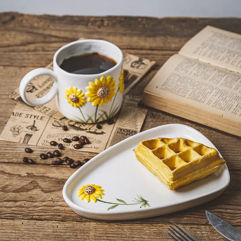 Custom design 430ml milk drink vintage ceramic sunflower coffee mug with tray plate set