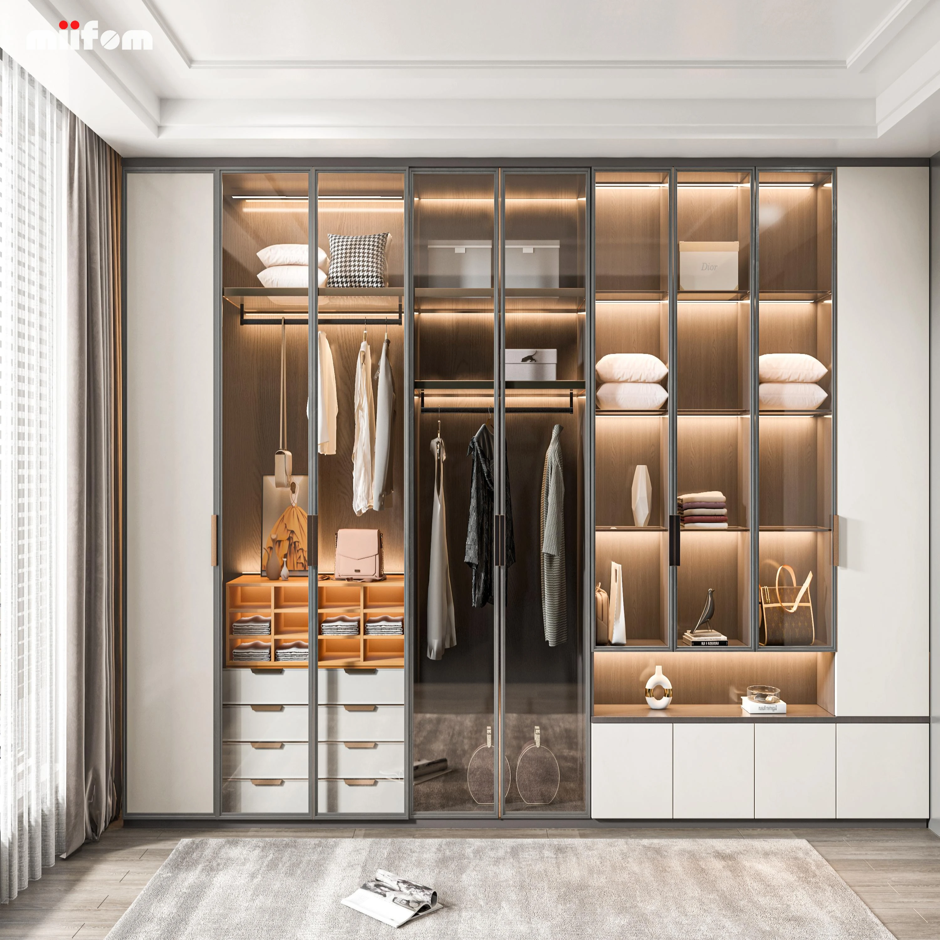 Grey Paired Orange White Contemporary Popular Wardrobes Closet with Sensor Lights