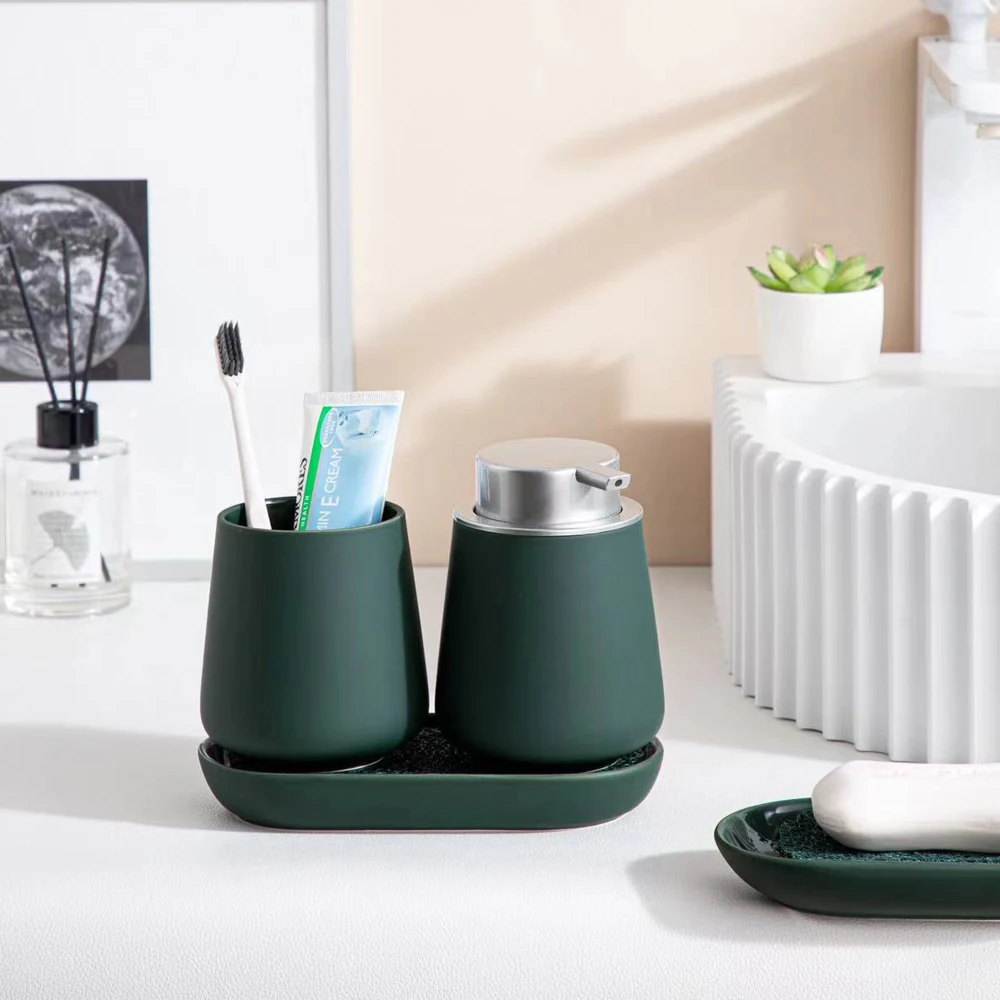 Different colors 300 ML green hand wash ceramic soap dispenser set soap bottle with foaming pump