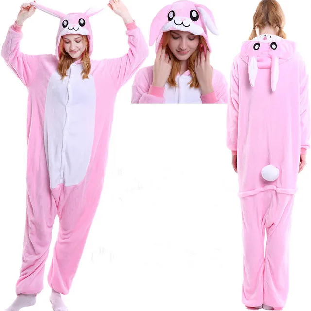 Women Winter 2021 Warm Hooded Cute Animal Onsies Pink Rabbit Unisex Pajamas Set Sleepwear With Flannel Cartoon Pyjamas For Adult