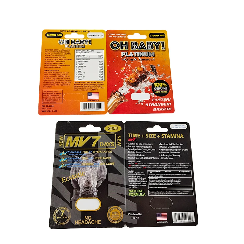 Custom Empty Mylar Bags Mens Pills Rhino Pills Enlargement Male Sexual Enhancement Pills Blister Card Packaging Zipper Bag