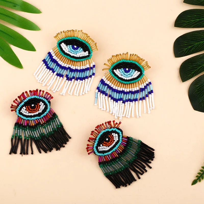 Wholesale Bohemian Fashion Long Tassel Creative Cartoon Evil Eye Shape Hand Made Seed Bead Stud Earrings for Women