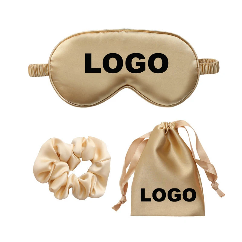 custom logo soft satin eye shade+satin bag+hair scrunchy set 3pcs sleep mask set