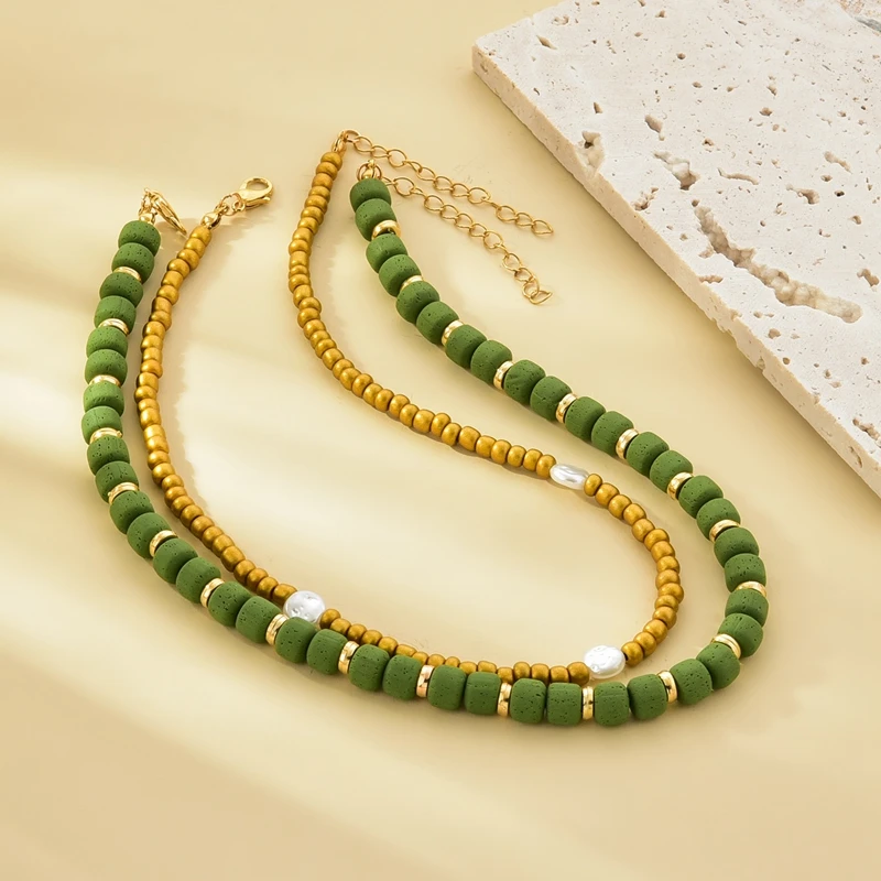 2022 New Design Style Polymer Clay Chokers Gold Glass Rice Double Layer Pendant Necklace For Women