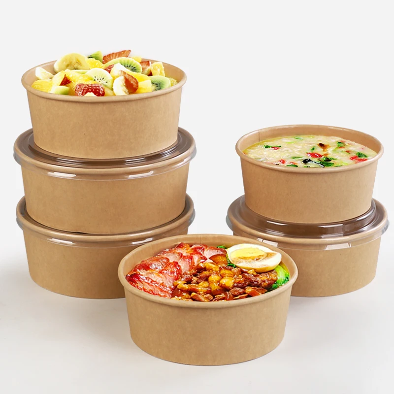 Take away Kraft paper salad bowl food container Customized disposable kraft paper bowl for salad
