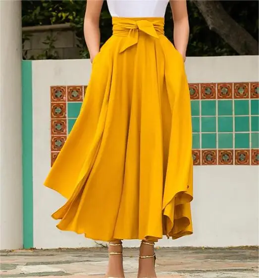 New Fashion Women Girls Europe and America Solid Color Bow Belt Big Hem Hot Sell Dress Long Skirt