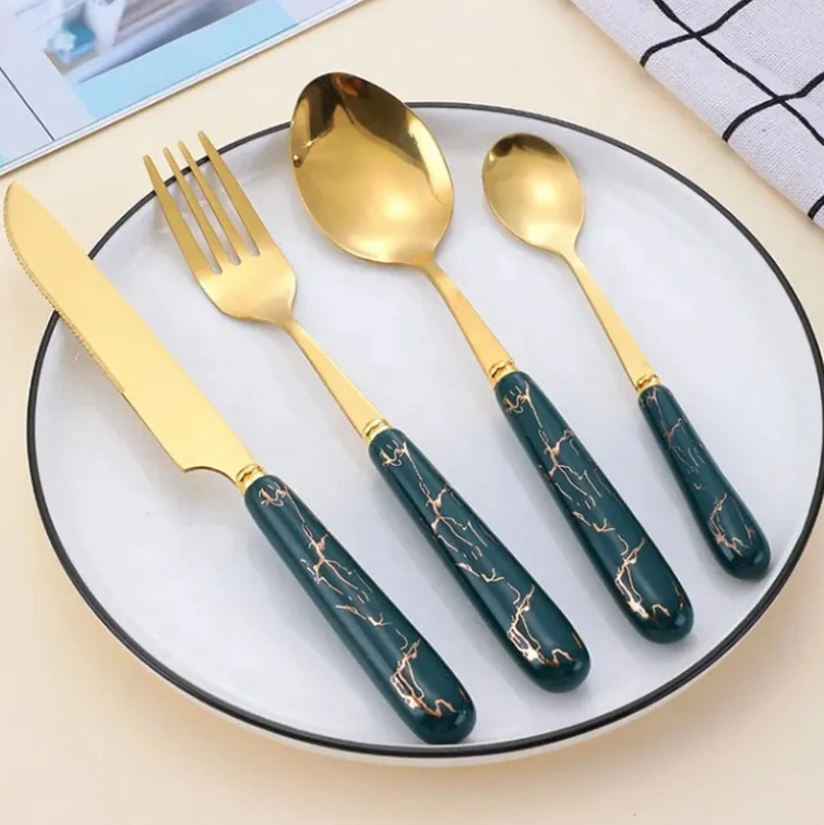 Exquisite Ceramic Handle Stainless Steel 24 Pieces Tableware Set Nordic Style Western-Style Tableware Sets