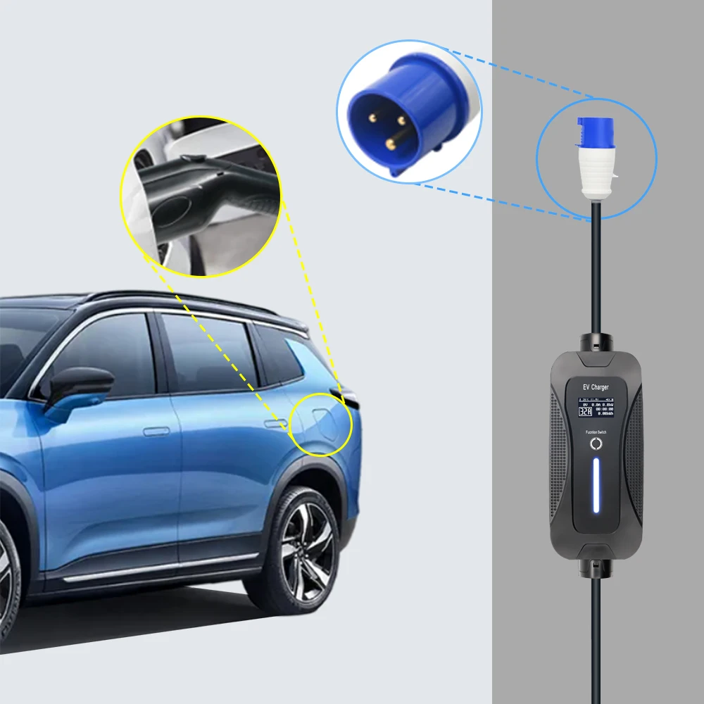 32A 7KW portable ev car charger type 2 and 5m cable with blue CEE 3 pins