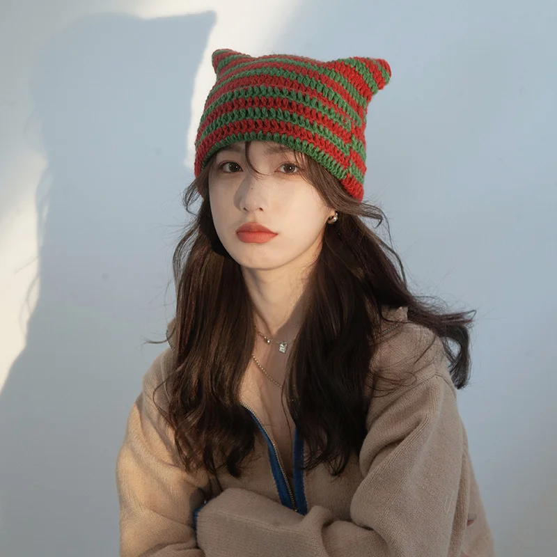 Japanese Color Contrast Stripe Beanie Fashion Warm Winter Hat Ladies Cute Cat Ears Knit Hat