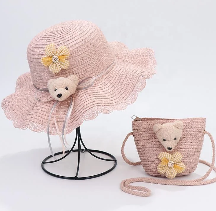 Cute Kids Toddler Baby Girls Multi-Colors Large Wide Brim Flower Beach Cap Sun Pompom Straw Hat and Bag Set