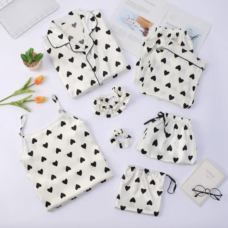 New Arrival Ladies Ice Silk Pajamas Spring, Autumn and Summer Long-sleeved Seven-piece Simulation Silk Sexy Home Service Suit