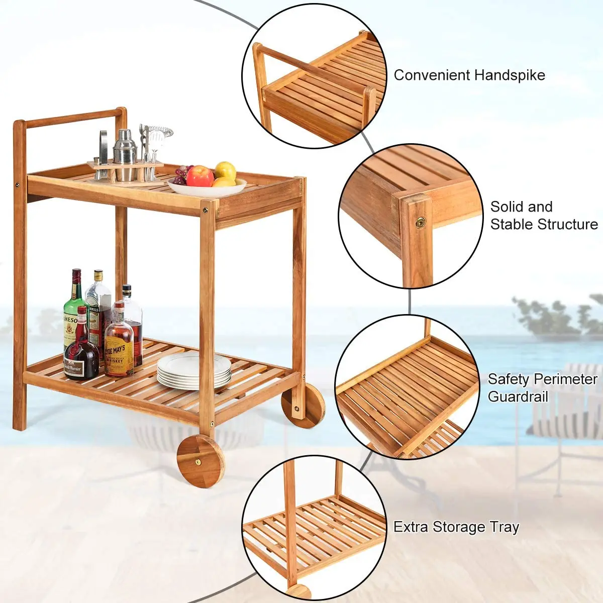 Acacia Wood tea Serving Cart, Patio Bar Cart Rolling Trolley Cart with 2 Trays