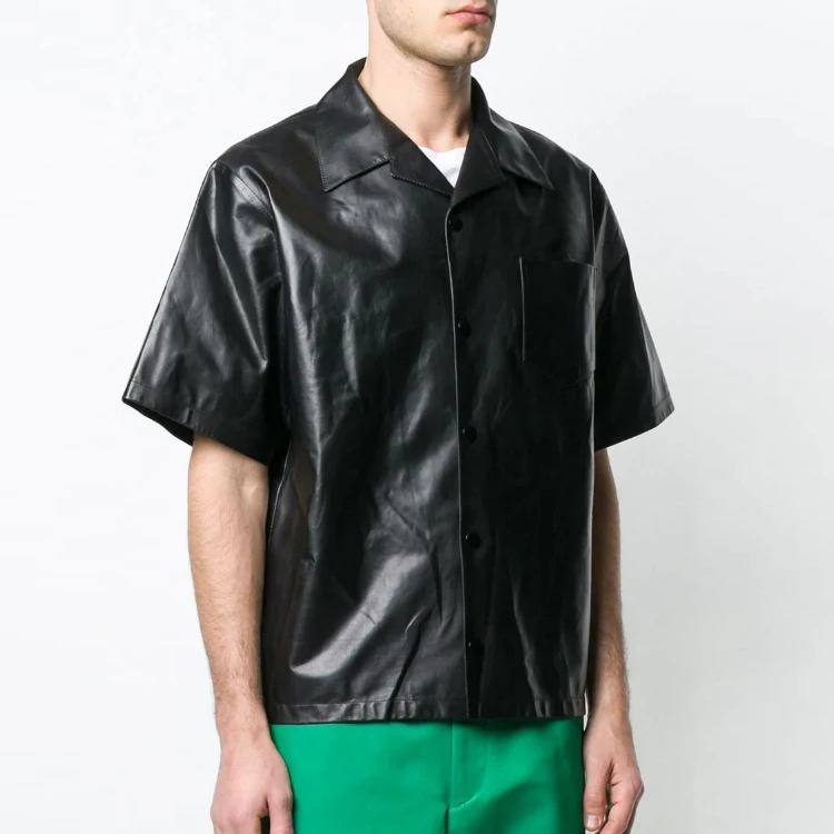 Custom Fashion High Quality Shirts Men Black Short Sleeve Leather Button Up Shirt for Men