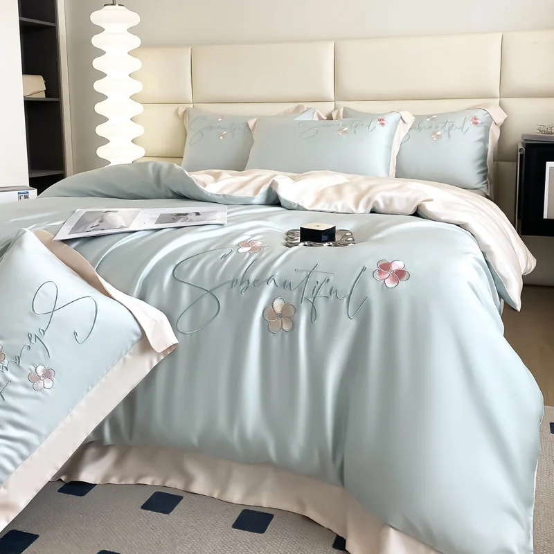 Luxury Home Textile Bedding Set 100% Tencel Quilt Cover Duvet Cover Flat Bed Sheet Pillowcases Comforter Bed Linens Queen King