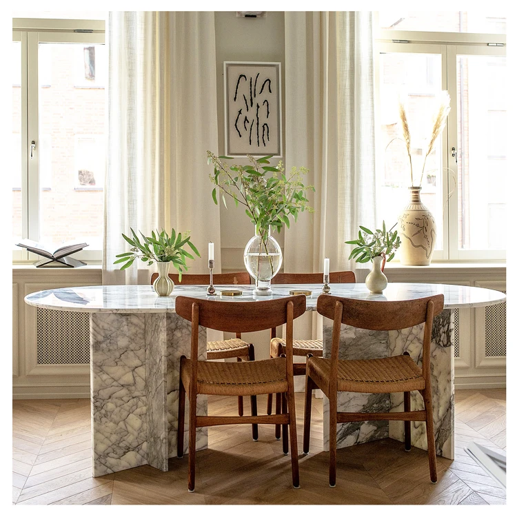 European Customized 240cm Marble Dining Table Coffee Two Panel Bases Design Long