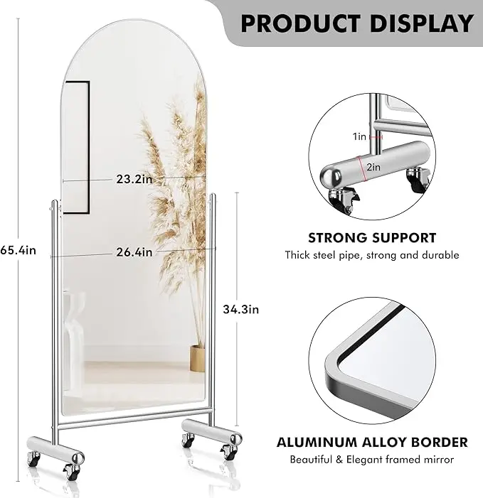 Full Length Mirror on Rolling Wheels Arched Mobile Standing with Stainless Steel Frame Modern Dressing Floor Mirror Home Decor