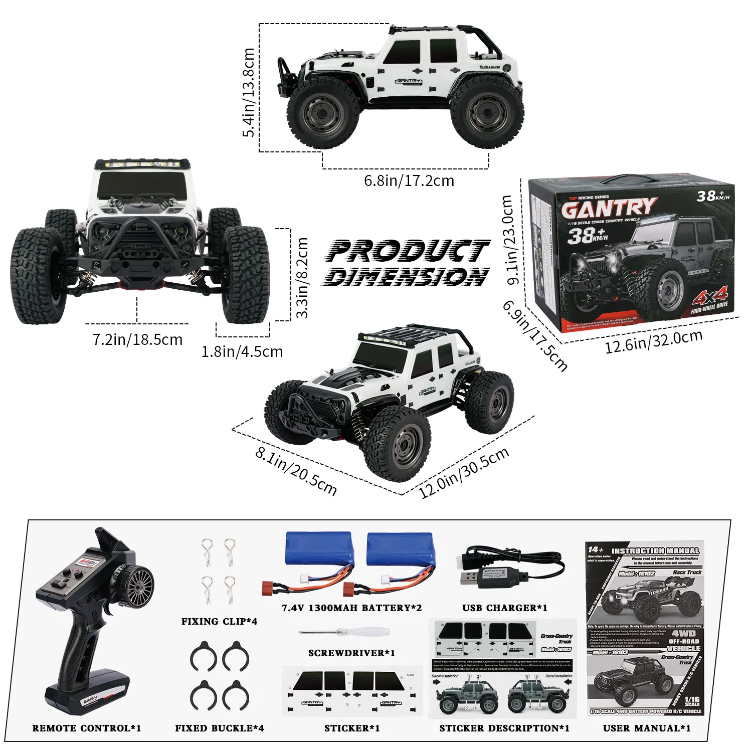2.4GHz 1/16 Scale Four-wheel Drive Remote Control Car Battery Power High LED Lights 4wd High Speed RC Car