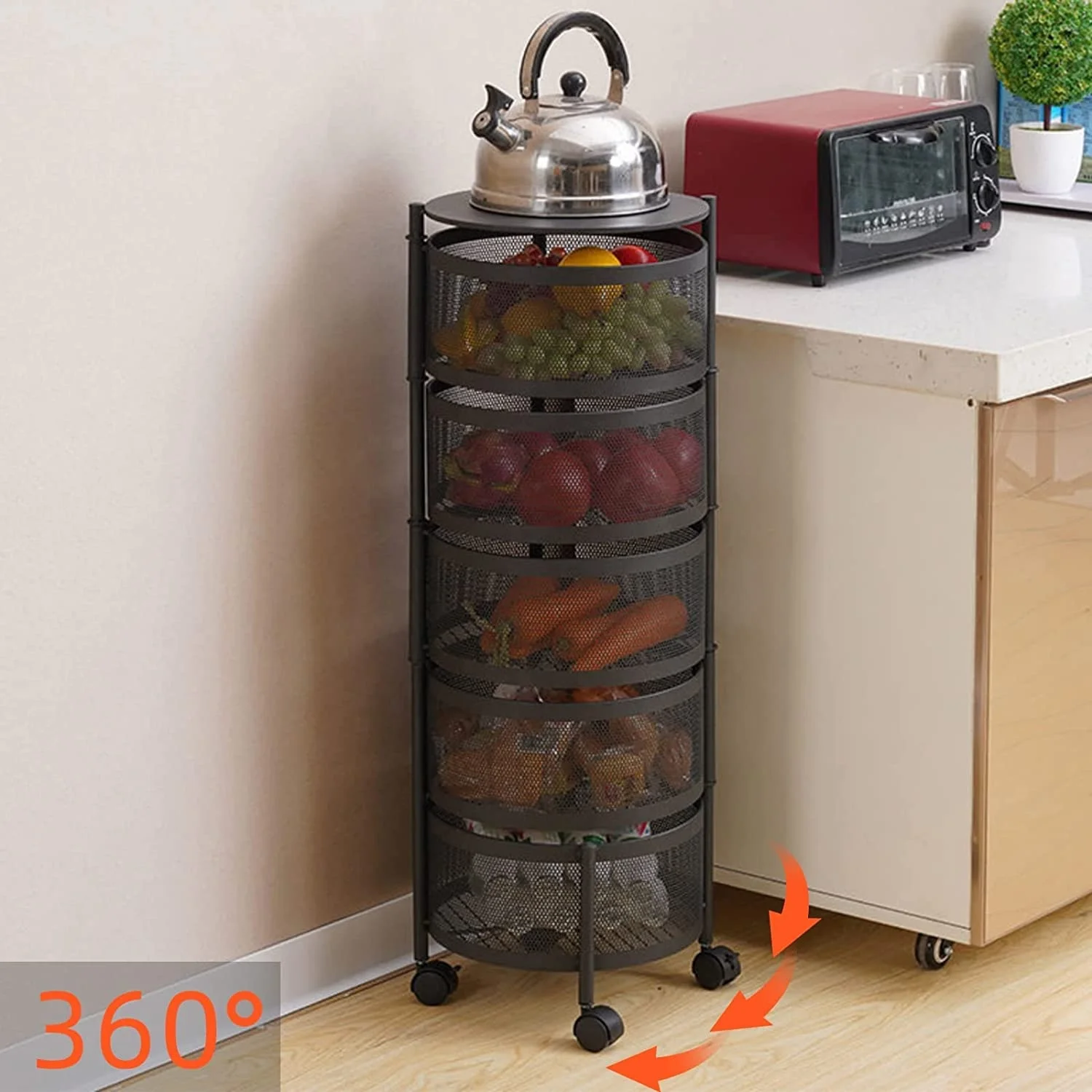 360 Degree Multilayer Storage Kichen Basket Rack Rotatible Kitchen Vegetable Fruit Storage Rack Storage Rolling Cart Trolley