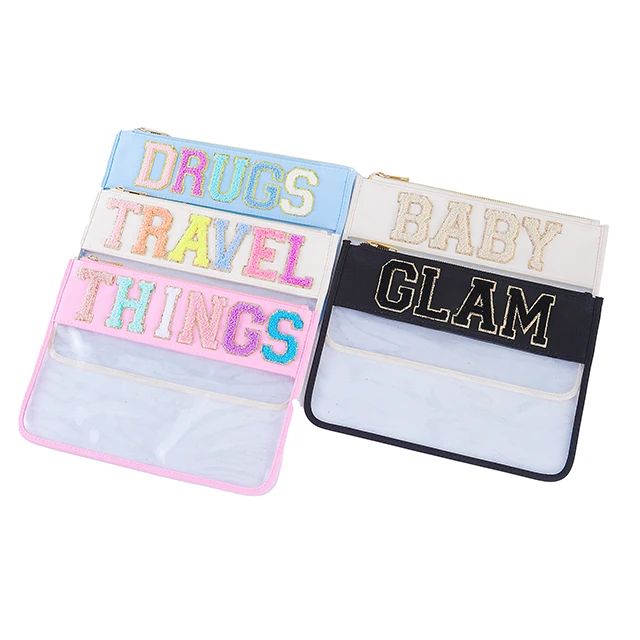 Multi Colors Exquisite Letter Embroidery Travel Bag Women Transparent Toiletry Pouch Patches Cosmetic Bag Clear Bag