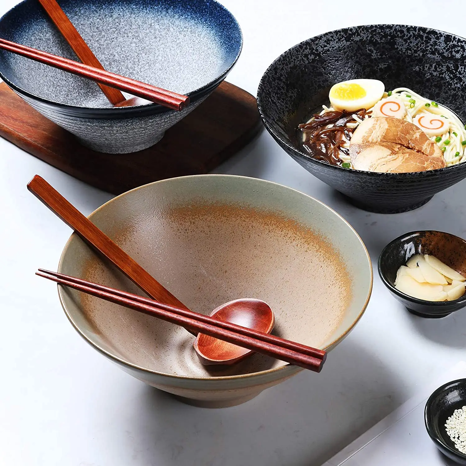 Ramen Noodle Soup Bowl 2 Sets Matching Spoon Chopsticks Udon Soba Pho Asian Noodles Large