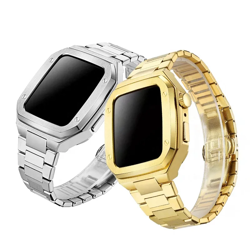 Custom Luxury Stainless Steel Band Strap And Protective 40mm 44mm Watch Case For Apple Smart Iwatch Series 6/7/s7