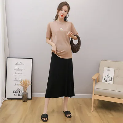 2021 Maternity dress Bust skirt Modal mid-length temperament show lean  mom high-waisted belly a-line skirt