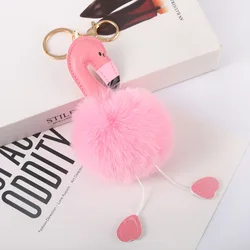 Wholesale Pom ball PU Leather Animal Flamingo Keychain Fur Ball Furry Puff Ball Keychain Hanged Accessory