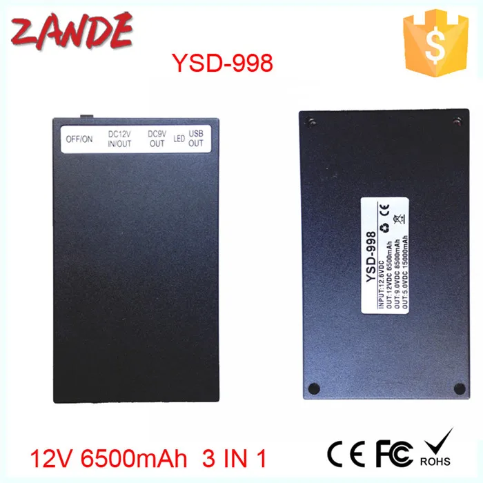 YSD-998 3 in 1 DC 12V Portable Rechargeable Li-ion Battery 5V 9V 12v 6500mah for CCTV Camera led strips