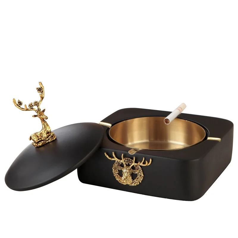 Custom Printed Logo Office Home Luxury Gold Plated Black Glazed Square Ceramic Cigarette Ash Tray Ashtray with Lid