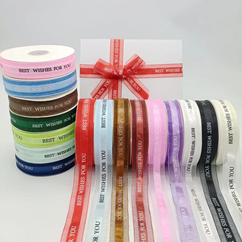 Best wishes for you silk ribbon 2.5cm x 45yard  organza ribbons for flower cake packing printed ribbon