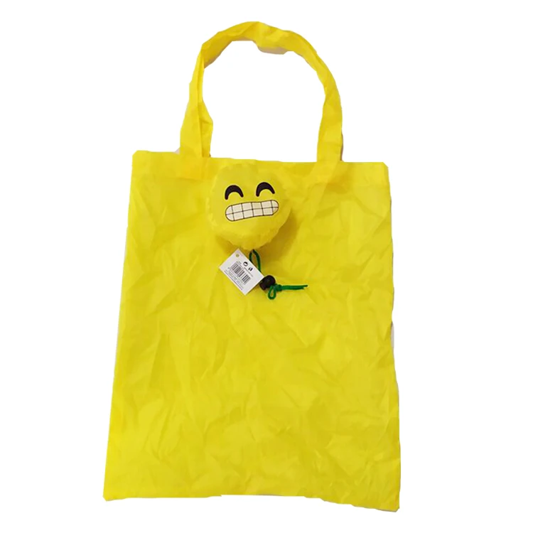 
custom smile face yellow polyester foldable shopping handle tote bag 