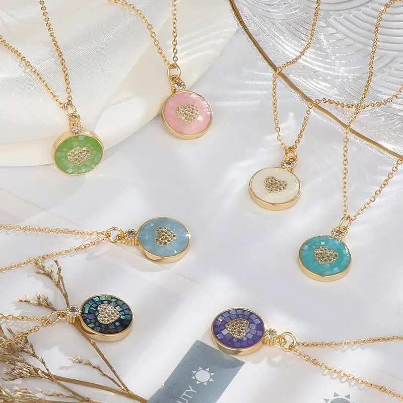Gold Plated Round Shell Zircon Heart Pendant Necklace Colorful Rhinestone Heart Charms Necklace For Girls jewelry necklaces