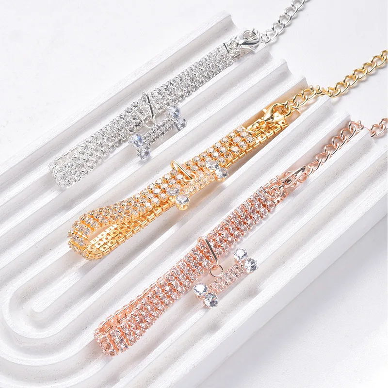 Adjustable Pet Necklace Cat Dog Collar with Diamond Zircon Bone Pendant Jewelry Luxury Metal Copper Puppy Collars