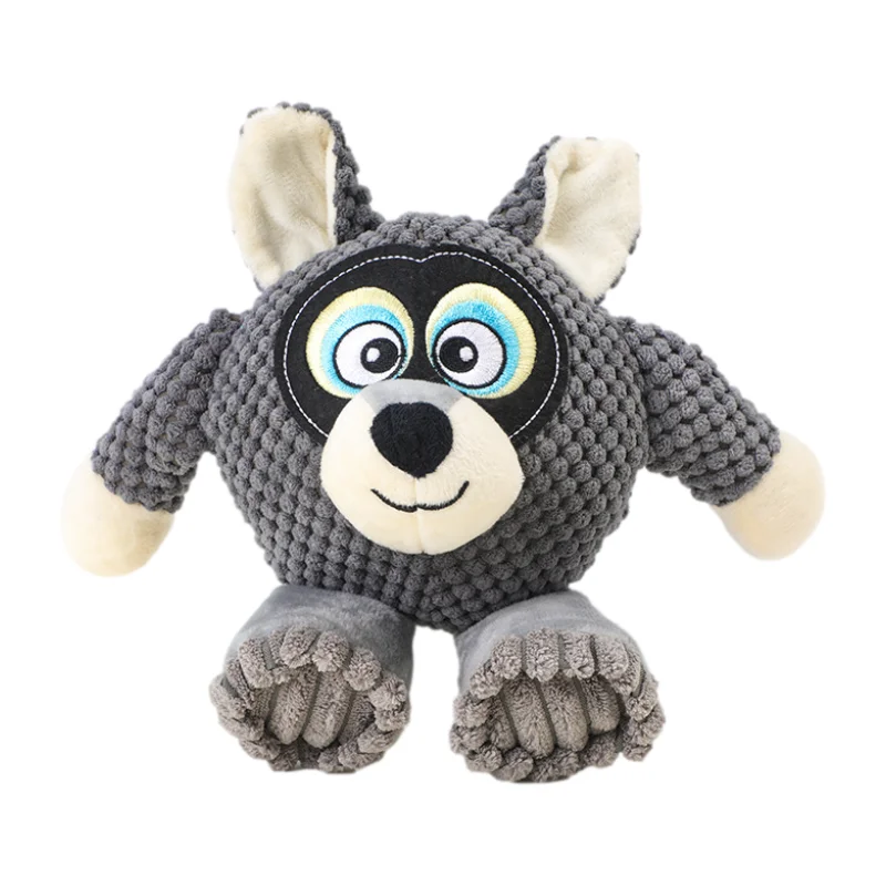 New Design Pet Plush Toy Teeth Cleaning Cartoon Kawaii Animal Shape Fox Wolf Raccoon Washable Squeak Dog Bite Toy