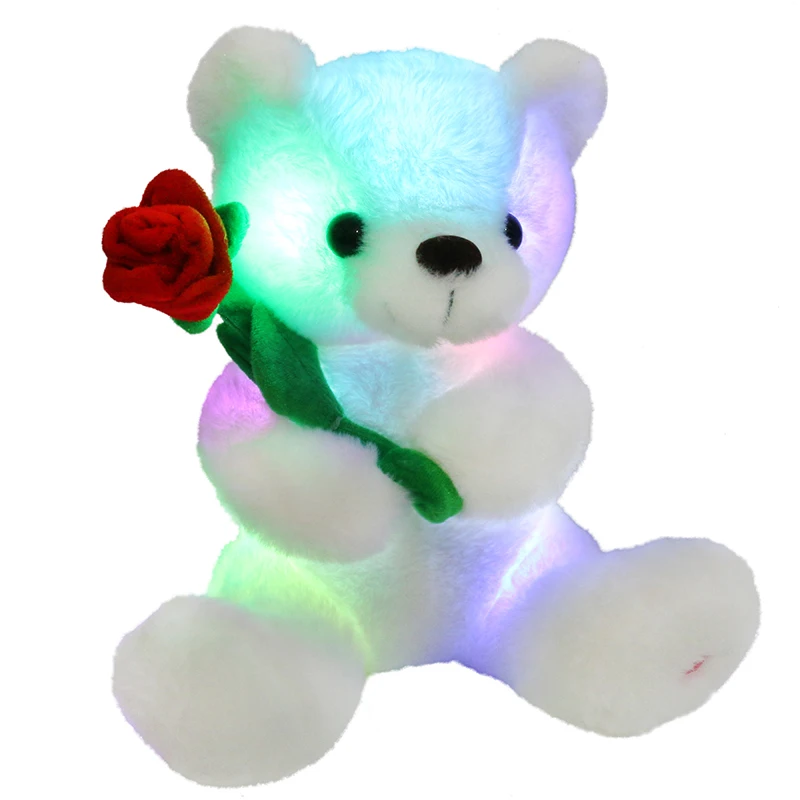 Glowing LED Cute Stuffed bear with Flowers Soft Pillow Plush Toy with Night Lights Glow in The Dark Birthday Wholesale
