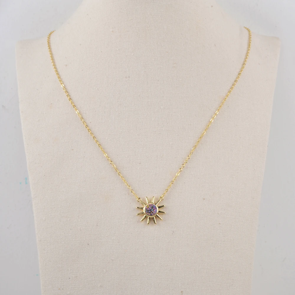 Fashion 18k gold plated women natural agate drusy pendant necklace waterproof sun druzy necklace