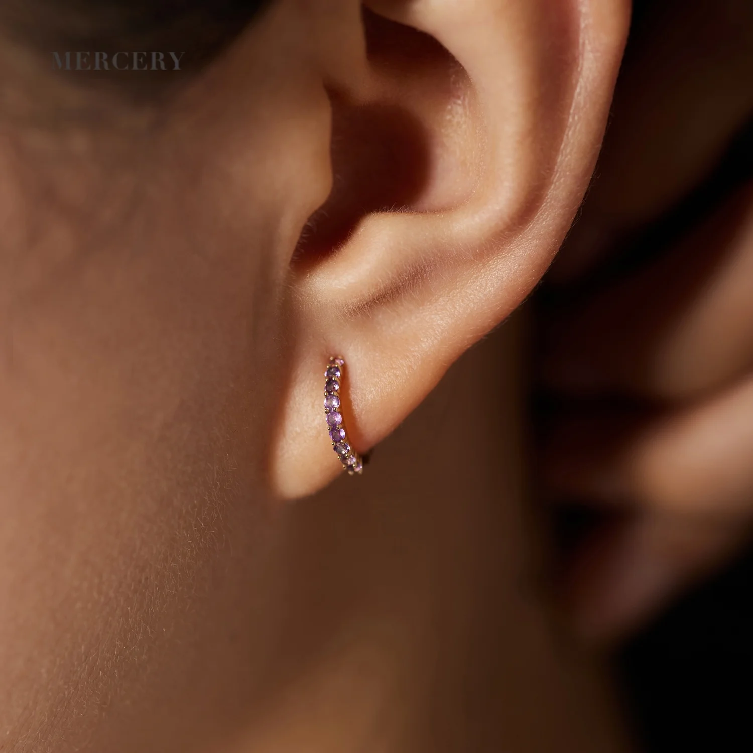 Mercery Personalized February Birthstone Amethyst Stone Earrings Jewelry Real 14k Solid Gold Small Huggie Hoop Earring For Women